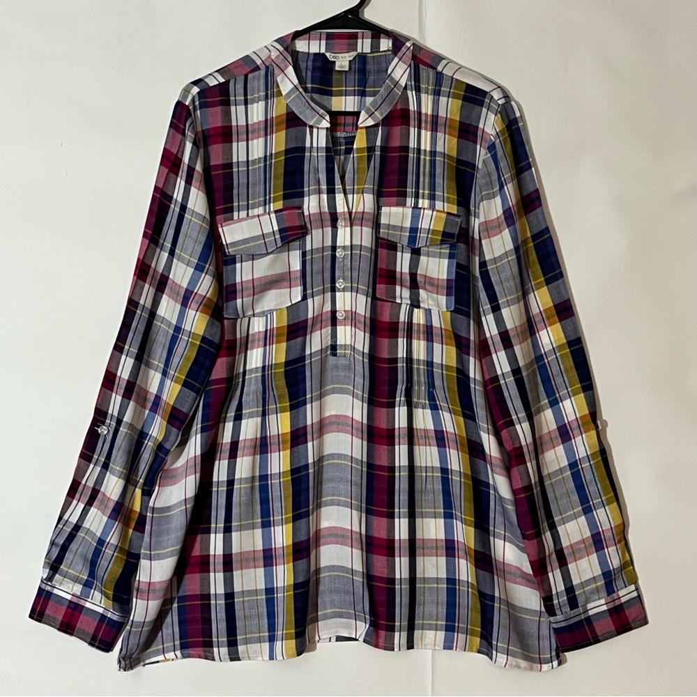 Cato Women’s Red and Blue Casual Shirt with Plaid Pattern Size L